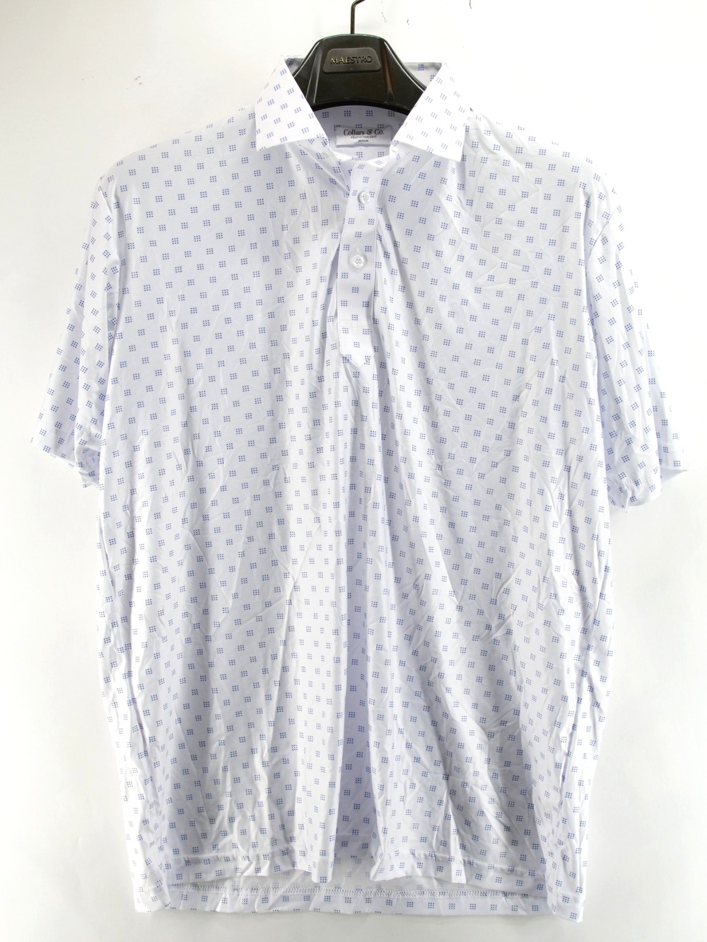 Collars and Co Mens Medium Shirt Featherweight Polo Blue White Geometric
